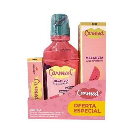 KIT CARMED OFERTA ESPECIAL 1 GEL DENTAL CARMED 70G + 1 HIDRATANTE LABIAL CARMED 10G + 1 ENXAGUANTE BUCAL CARMED MELANCIA 250ML