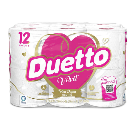 Papel Higiênico Duetto 30m - Folha Dupla - Velvet - Com 12 Rolos
