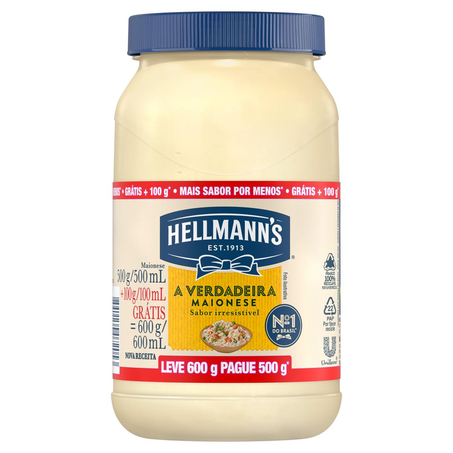 Maionese Hellmanns Leve 600g, Pague 500g - Tradicional - Pote