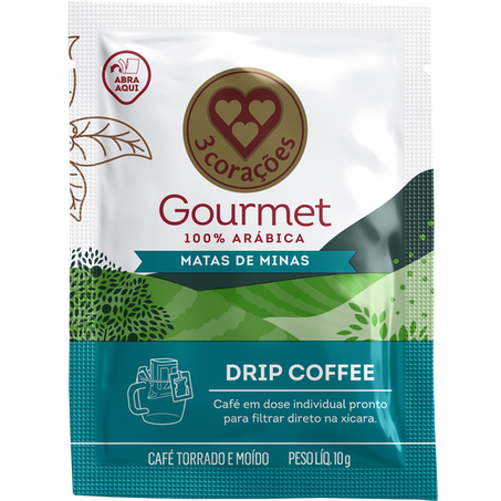 CAFÉ TORRADO E MOÍDO EM PÓ 3 CORAÇÕES DRIP COFFE GOURMET 100% ARÁBICA MATAS DE MINAS SACHÊ 10G