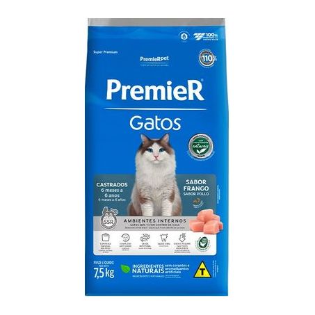 Ração Premier para Gatos Castrados de 6 meses a 6 anos Sabor Frango 7,5Kg