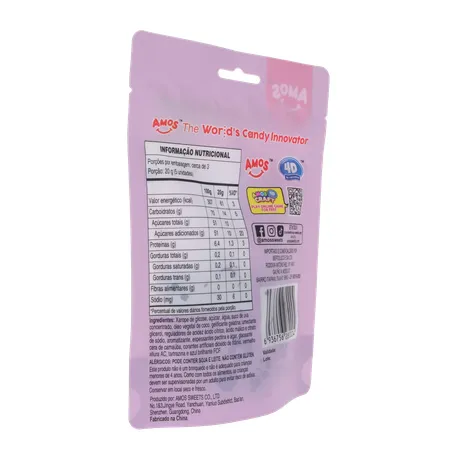 Balas de Gelatina Amos Fruit Gummy Grape Burst Juice Filled Sachê 65gr 360-14
