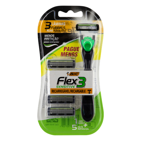 Aparelho de Barbear Recarregável BIC Flex 3 Hybrid Sensitive 1 Cabo  5 Cartuchos