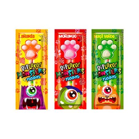 Pirulito Dip Loko Monsters Neon Patinha Morango, Laranja E Maça Verde 10G