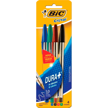 Caneta Bic Cristal Azul, Verde, Vermelha E Preta C/4unid