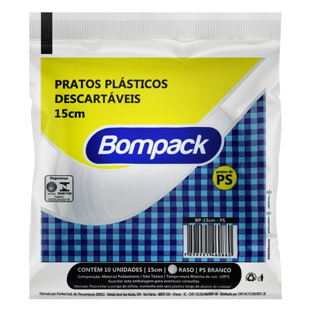 PRATO PLÁSTICO DESCARTÁVEL RASO BRANCO BOMPACK 15CM COM 10 UNIDADES