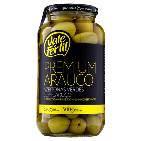 AZEITONA VERDE PREMIUM ARAUCO COM CAROCO VIDRO VALE FERTIL 500G