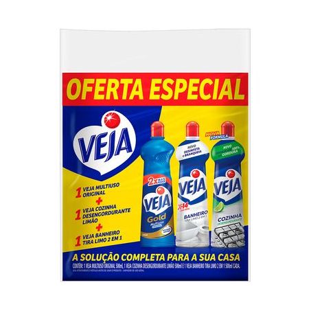 Kit Veja Limpador Multiuso Original Gold Desinfetante Banheiro X-14 Desengordurante Cozinha 500ml cada
