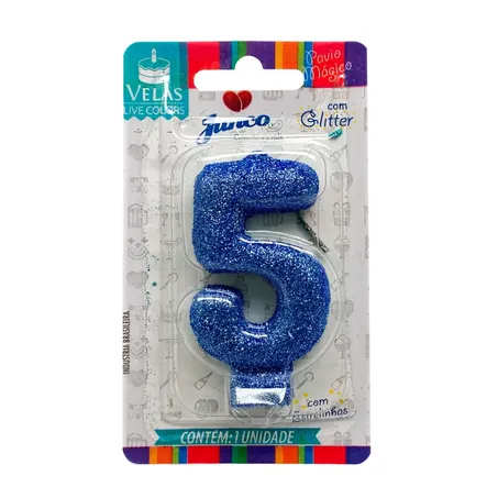 Vela Aniversario Junco Mini Glitter N5 Azul