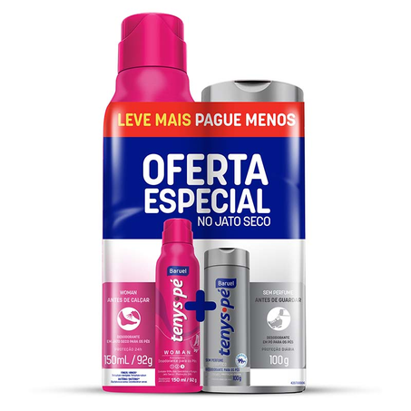Kit Desodorante Para os Pés Tenys Pé Baruel Woman Em Jato Seco 150ml  Desodorante para os Pés em Pó Sem Perfume 100g