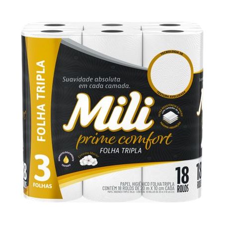 Papel higiênico mili prime comfort folha tripla 20 metros 18 unidades