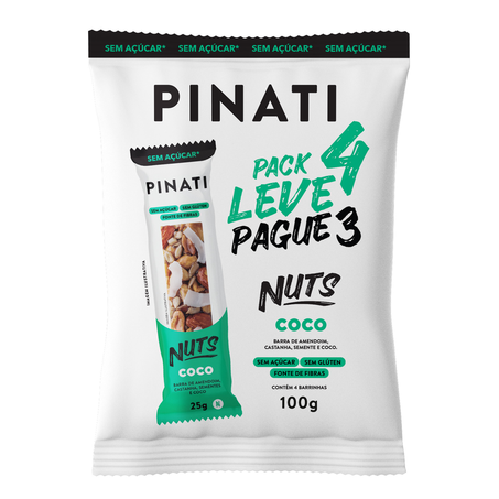 Barra de Cereal Nuts Amendoim Castanha Sementes e Coco Pinati Sem Açúcar Leve 4 Pague 3 100g