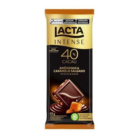 Chocolate Barra Lacta Intense Amêndoas E Caramelo Salgado 40% Cacau 85G