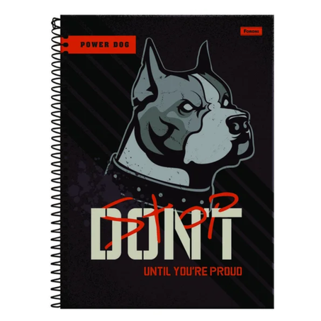 Caderno foroni grande capa dura 80 folhas power dog com bolsa e adesivos