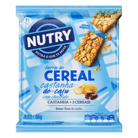 PACK BARRA DE CEREAL CASTANHA-DE-CAJU COM CHOCOLATE NUTRY COM 3 UNIDADES