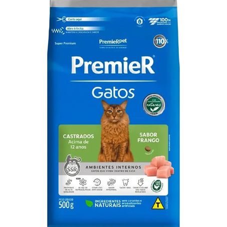 Ração Premier Ambientes Internos para Gatos Adultos Castrados 12+ Sabor Frango 500Gr