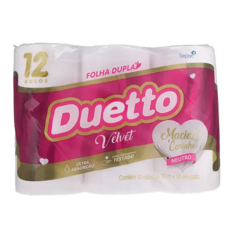 PAPEL HIGIÊNICO DUETTO FOLHA DUPLA VELVET PACOTE 12X30M