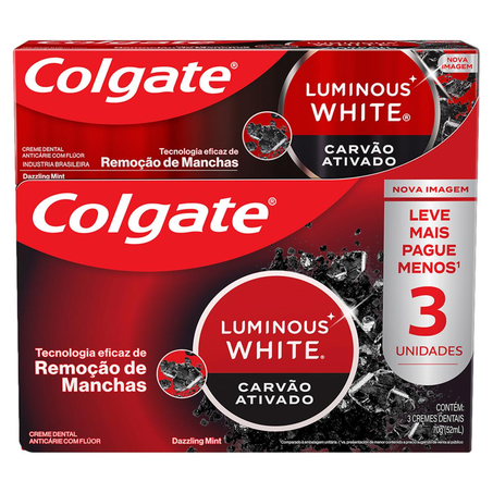 Creme Dental Colgate Com 3 Cremes Dentais de 70g cada - Luminous White - Carvão Ativado