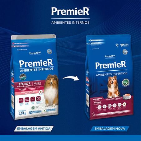 Ração Premier Senior Ambientes Internos para Cães Adultos 7+ Sabor Frango e Salmão 2,5Kg 360-1