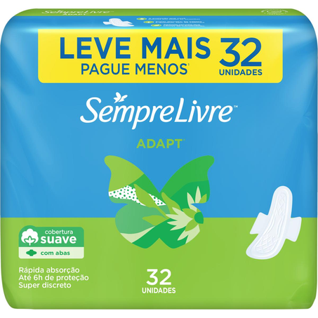 Absorvente Sempre Livre Adapt - Suave - Com Abas - Com 32 Absorventes - Leve Mais, Pague Menos