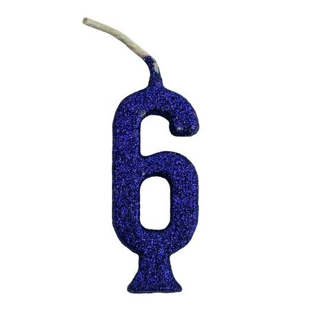 VELA DE ANIVERSÁRIO REGINA NÚMERO 6 COM GLITTER AZUL CARTELA C/1UNID