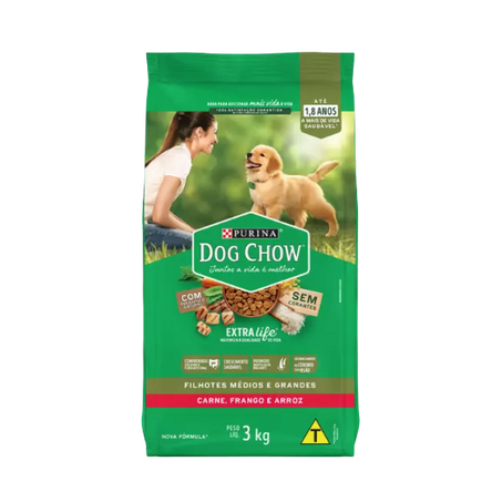 Ração Dog Chow Filhotes Carne, Frango e Arroz Pacote 3kg 
 