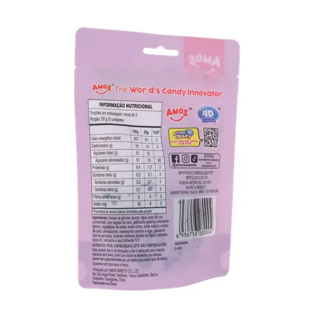 Balas de Gelatina Amos Fruit Gummy Grape Burst Juice Filled Sachê 65gr 360-16