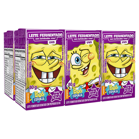 Pack Leite Fermentado Desnatado Uva Bob Esponja Elegê Caixa 6 Unidades 80g Cada