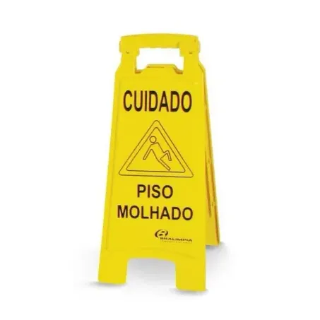 PLACA DE SINALIZAÇÃO PLÁSTICA "CUIDADO PISO MOLHADO / ESCORREGADIO" BRALIMPIA