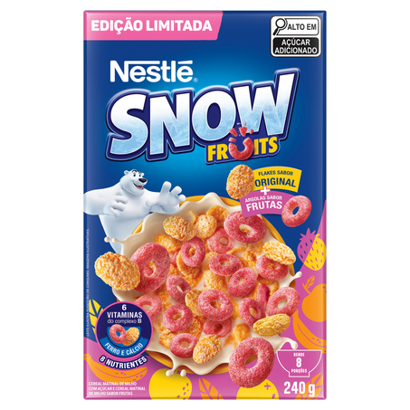 CEREAL MATINAL DE MILHO COM AÇÚCAR FLAKES ORIGINAL E ARGOLAS DE FRUTAS SNOW FLAKES FRUITS CAIXA 240G EDIÇÃO LIMITADA