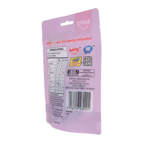 Balas de Gelatina Amos Fruit Gummy Grape Burst Juice Filled Sachê 65gr 360-22