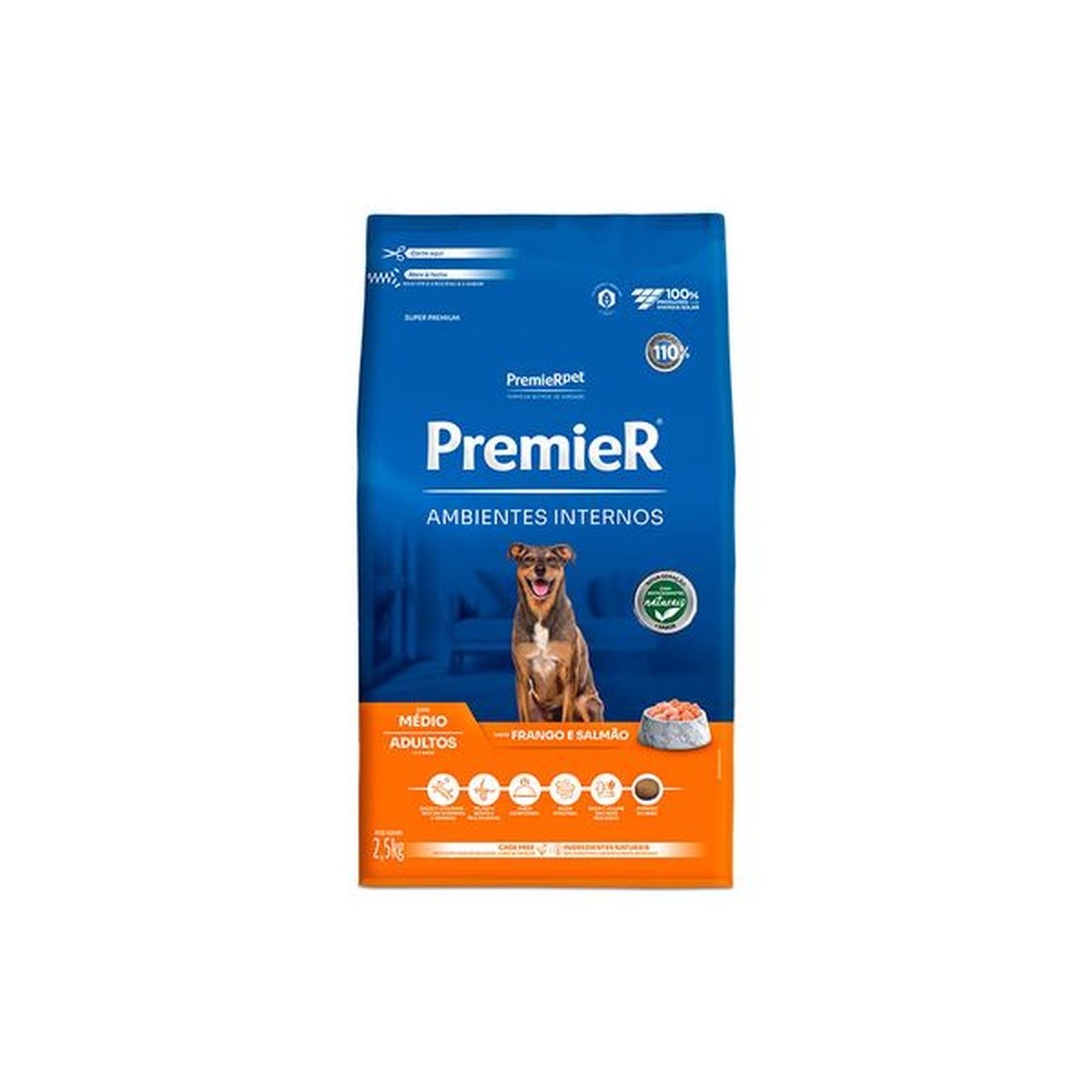 Ração Premier Ambientes Internos para Cães Adultos de Médio Porte Sabor Frango e Salmão 2,5Kg