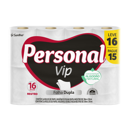 Papel higiênico personal vip neutro folha dupla 30m leve 16 pague 15 unidades