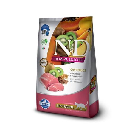 Ração Farmina N&D Tropical Selection para Gatos Adultos Castrados Sabor Suíno, Cereais e Frutas Tropicais 1,5Kg