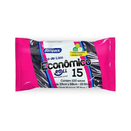 Saco para lixo bompack preto 15l econômico rolo 100 unidades