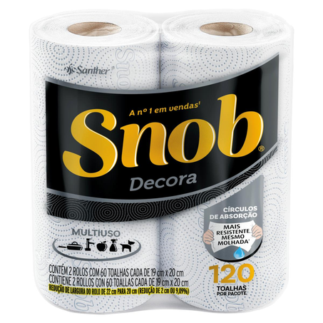 Toalha de Papel Snob 120 Folhas - Decorada - Com 2 Rolos de 60 folhas cada