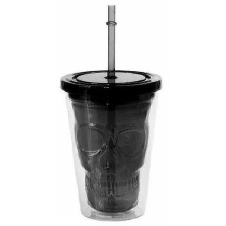 Copo com canudo skull cinza 44583