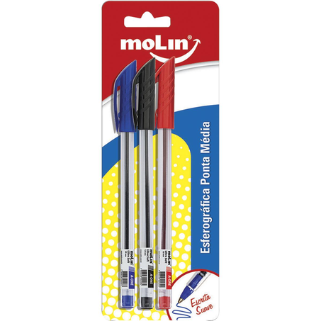 Caneta Esferográfica Molin Ponta Média - Azul, Preta e Vermelha - Com 3 Canetas - Ref. 1011