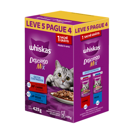 Ração Úmida Whiskas Castrado Carne / Peixe Sachê C/5 85g Leve 5 Pague 4