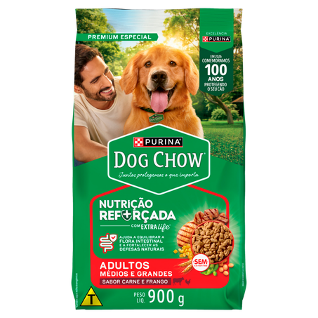 Alimento para Cães Adultos Raças Médias e Grandes Carne e Frango Purina Dog Chow Nutrição Reforçada com Extra Life Pacote 900g