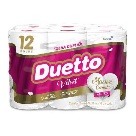 Papel Higiênico Duetto Folha Dupla Velvet  Maciez e Carinho Neutro 30m Pacote 12un