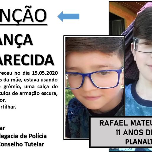 Polícia faz buscas por menino de 11 anos desaparecido desde sexta-feira em Planalto-RS