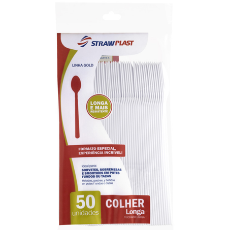 Colher longa branca plastico strawplast 732 c/50un