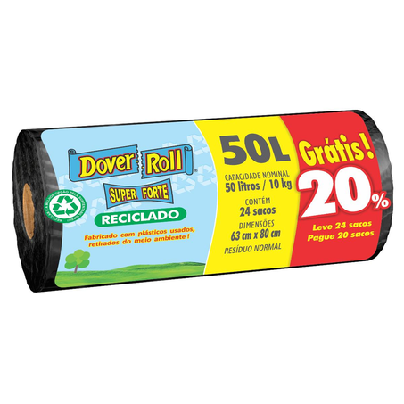 Saco para Lixo Dover Roll 50 Litros - Reciclado - Com 20 Sacos - Rolo