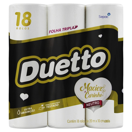Papel Higiênico Duetto 20m - Folha Tripla - Com 18 Rolos