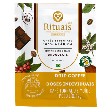 CAFÉ TORRADO E MOÍDO 3 CORAÇÕES DRIP COFFEE RITUAIS 85+ CHOCOLATE SACHÊ 12G