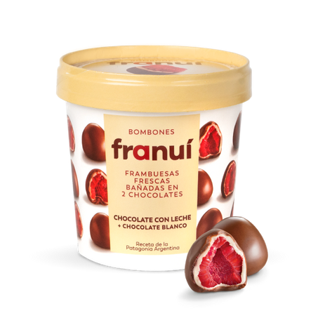 Framboesas banhadas em chocolate branco e ao leite franuí 142g