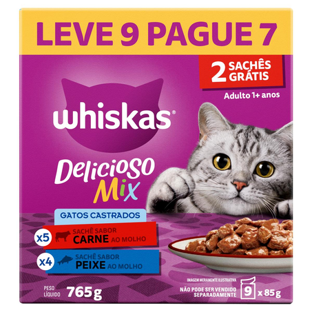 Ração Whiskas Leve 9, Pague 7 Sachês de 85g cada - Castrado - Adulto - Carne