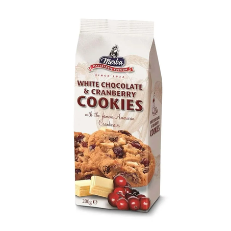 BISCOITO COOKIES MERBA CHOCOLATE BRANCO/CRANBERRY 200G