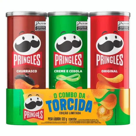 Pack Salgadinho de Batata Pringles Combo da Torcida Original 104gr + Churrasco 109gr + Creme e Cebola 109gr Pacote com 3un - 322gr